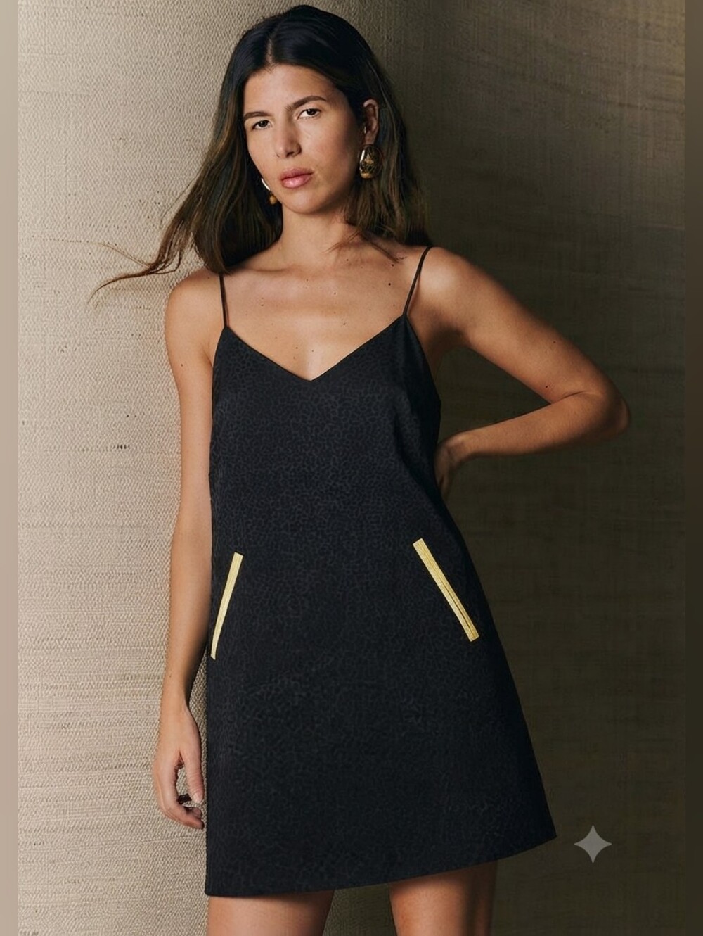 Sezane Black Slip Mini Dress with Gold Pocket Trim